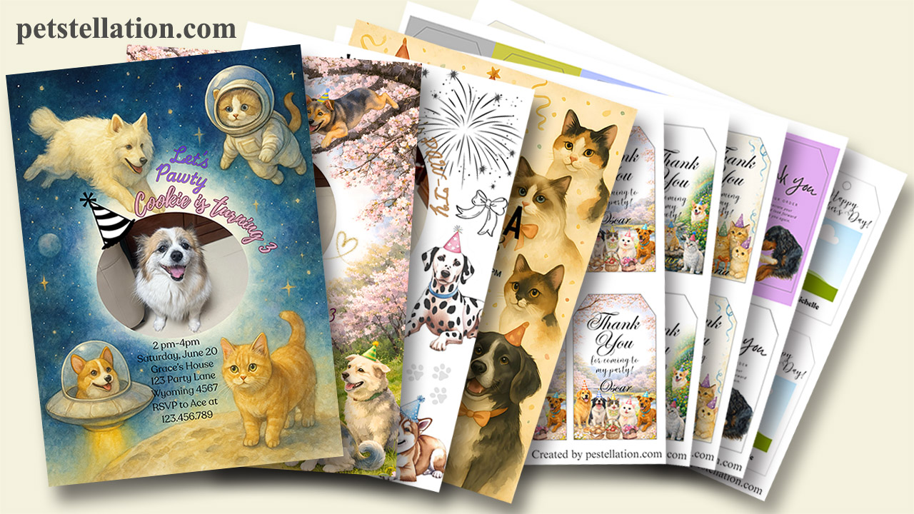 matching printable dog birthday invitation and gift tags set
